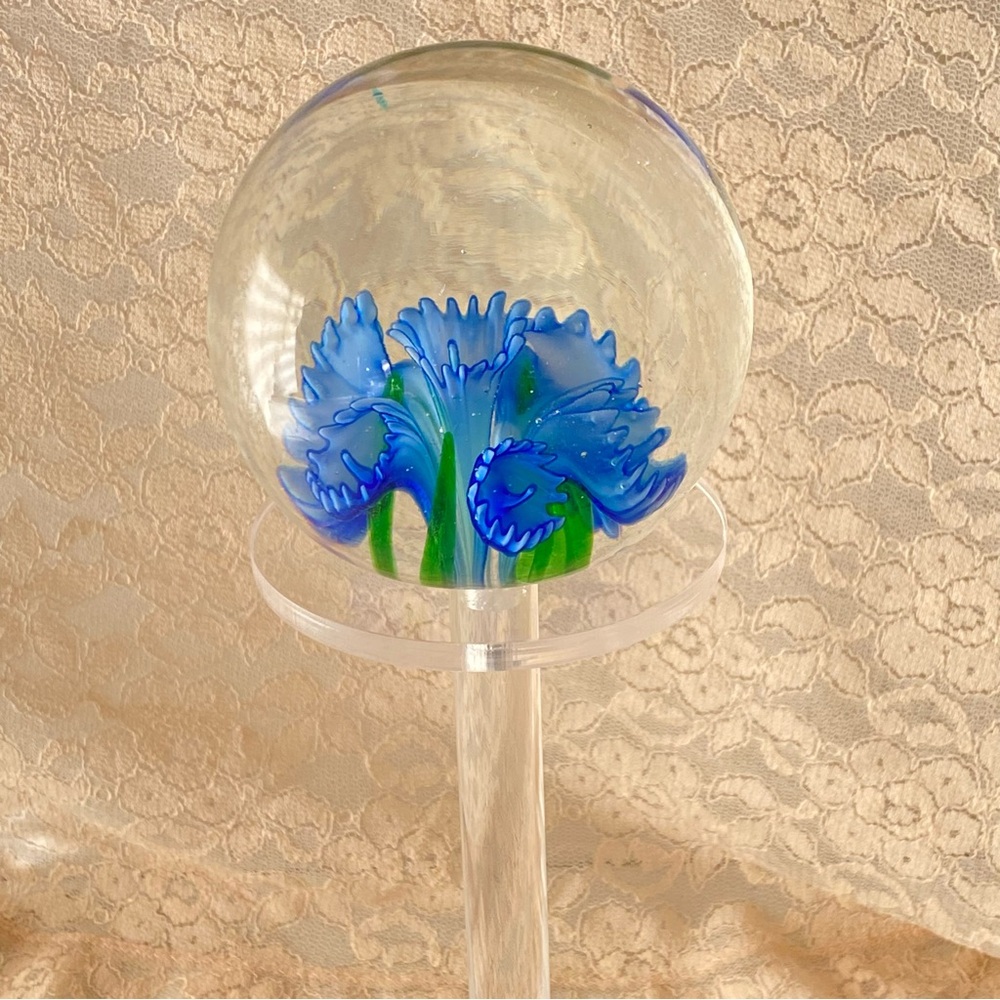 Handcrafted Glass Paperweight with Blue Floral Design